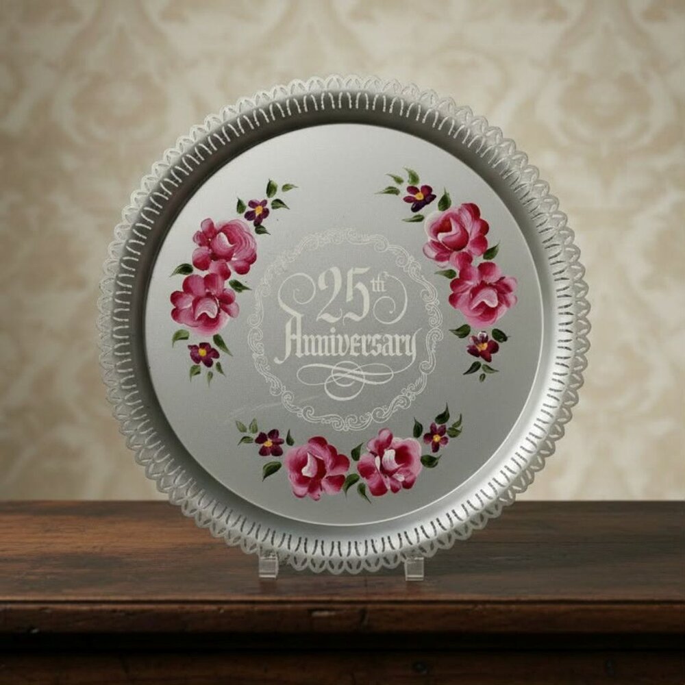 Vintage Nashco Hand Painted Silver Anniversary Tray 25th Roses MCM Round Metal